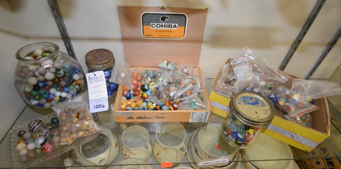 Shelf #64 - Marbles: Shelf #64 - Large collection of marbles including clay