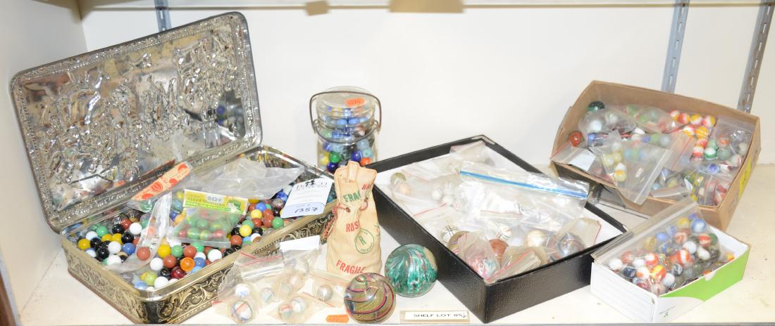 Shelf #85 - Marbles: Shelf #85 - Large assortment of marbles including (5) 1-1/4"- 2", (1) 2-1/4" and (1) 2-1/2" art glass pcs and several decorated art clay marbles