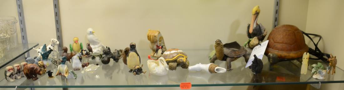 Shelf #87 - Animal Figurines, Turtle Lamp: Shelf #87 - (30 +) stone, metal, ceramic, and crystal animal figurines, turtle lamp, ceramic horse head bottle spout