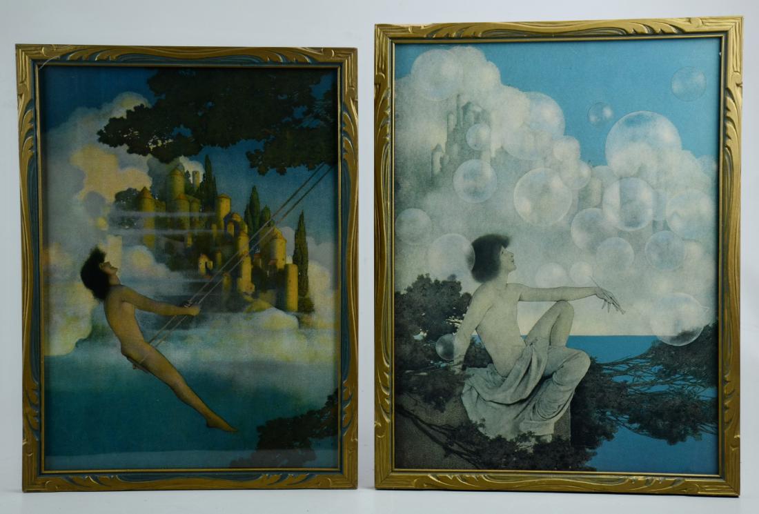 Maxfield Parrish Dinky Bird and Air Castles: Maxfield Parrish (American, 1870-1966), 2 original art prints, Dinky Bird and Air Castles, offset lithograph on paper. Original matching Art Deco frames. Largest framed size 17" x 12-1/4". Very good c