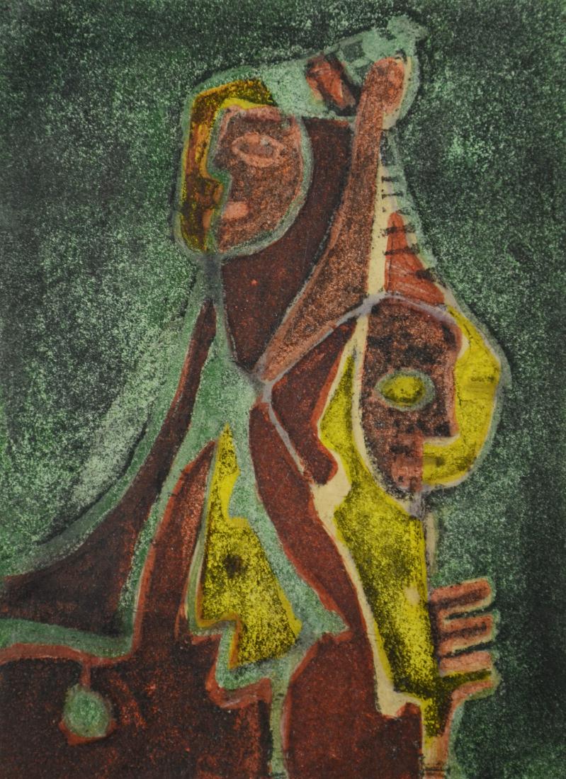 Abraham P. Hankins Modernist Figural Abstract: Abraham P. Hankins (American, 1903-1963), Modernist Figural Abstract, Monoprint on paper, pencil signed Hankins. 7-15/16" x 5-13/16" plate, framed 12-3/4"x 10-1/8". Good condition, not inspected out o