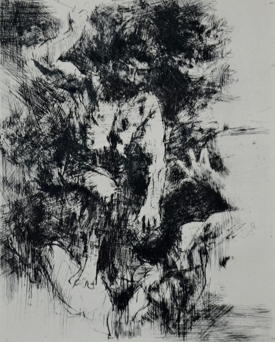 Jack Levine Etching, "Cain and Abel": Jack Levine Etching, "Cain and Abel", Pencil signed J. Levine, artist proof. 9-3/4" x 7-3/4" plate, 21-1/4" x 16-3/4 " framed. Good condition. Not inspected out of frame.