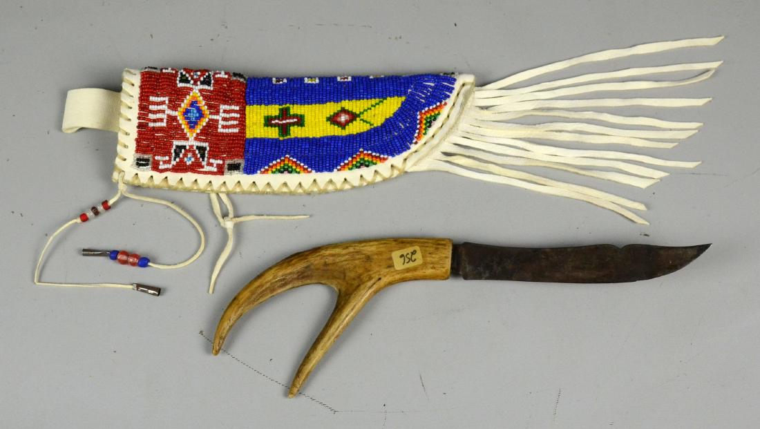 Lakota Native American beaded knife sheath w vintage: Lakota Native American beaded knife sheath with vintage knife, sheath signed on reverse Doug A. Fast Horse, Oglala Lakota Sioux, Pine Ridge, South Dakota, knife unmarked with antler handle, sheath 9 -