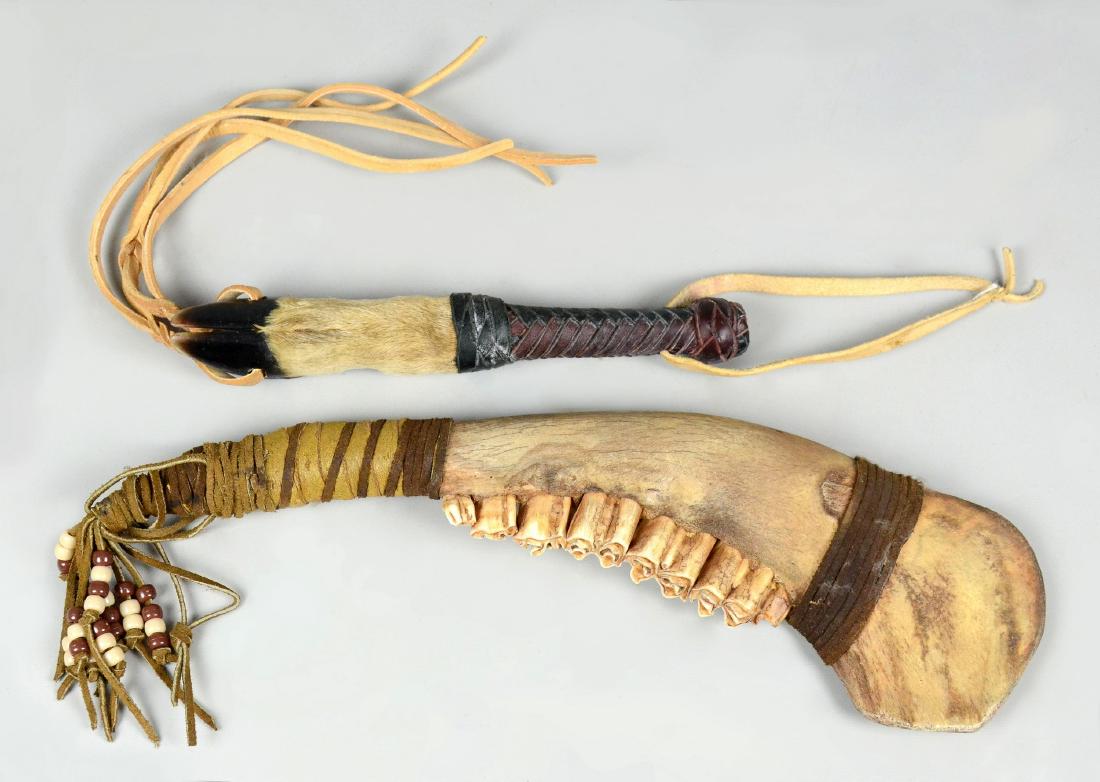 Native American Jawbone war club & deer dance stick: Native American Jawbone war club & deer dance stick. War club is likely a horse jawbone, decorated with leather and beads, 16" L. Dance stick composed of deer hoof with leather wrapped handle, 10" L w