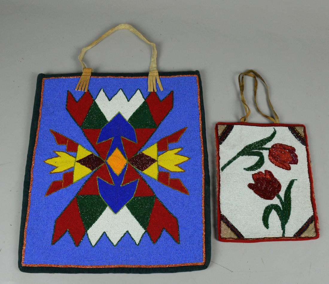 Native American Plateau Beaded flat bag / panel: 2 Native American Plateau Beaded flat bags. First with rose motif, decorated with red, green, white, black & tan beadwork, reverse with red & black striped felt, floral fabric interior, hide handle, t