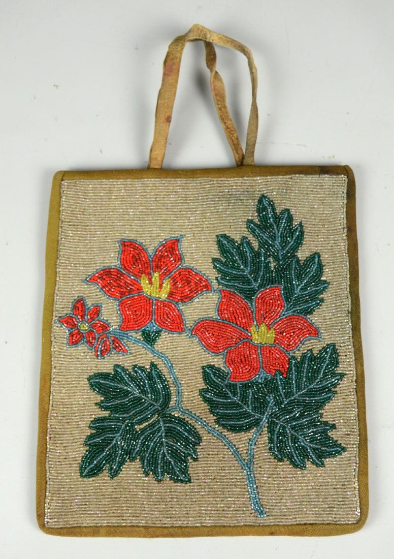 Early Native American Plateau Beaded flat bag: Early Native American Plateau Beaded flat bag with flower motif, decorated with red, green, yellow & gold beadwork, fabric lined interior, 10 - 1/2" L x 9" W