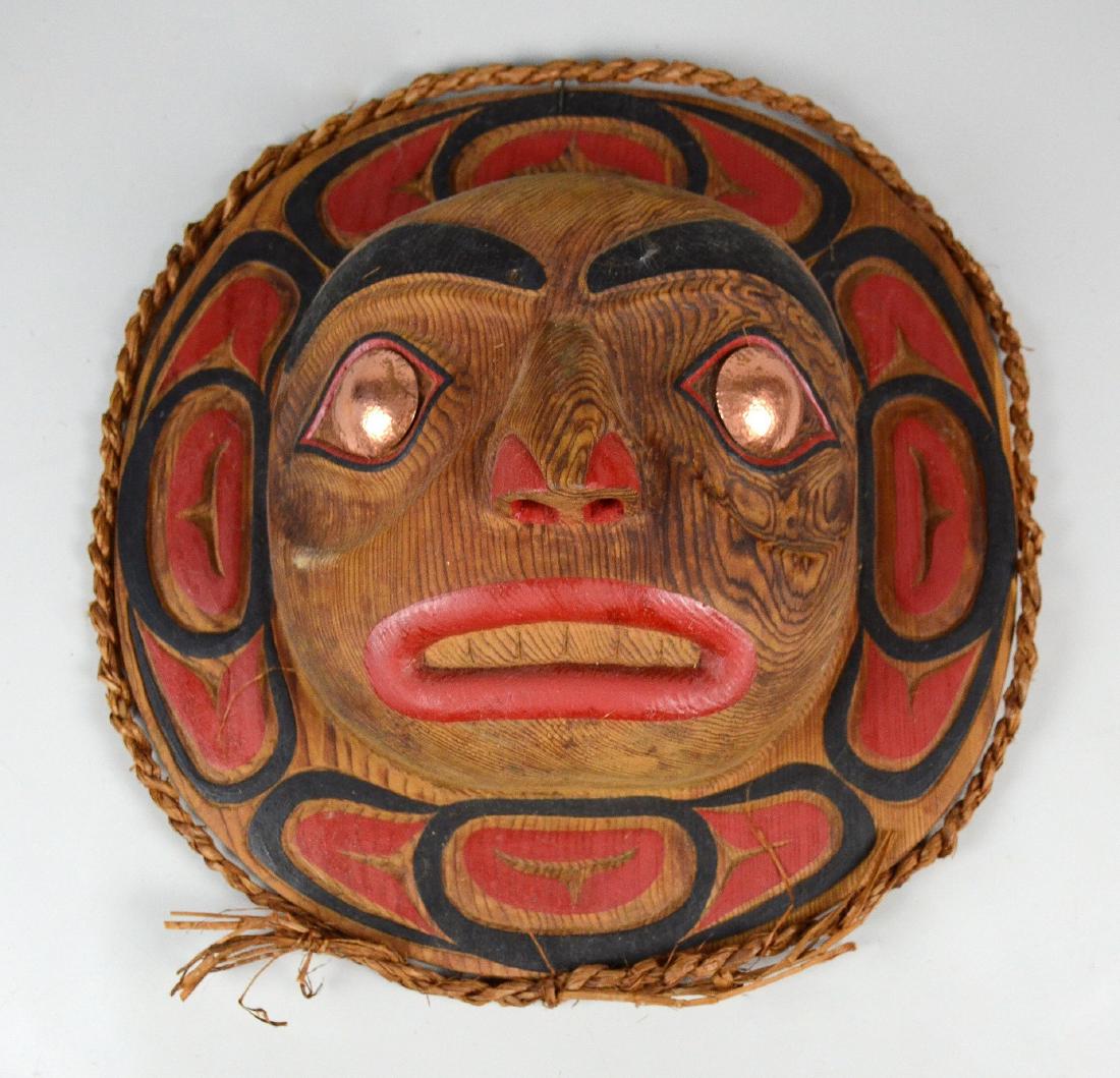 Northwest Coast Native American mask - Andy Wesley: Northwest Coast Haida Native American mask by Andy Wesley, handcarved cedar, polychrome paint, copper eyes, signed on reverse, 16-1/2" W, 17" H, Artist Bio: Andy Wesley (born 1961) is from the Skidega