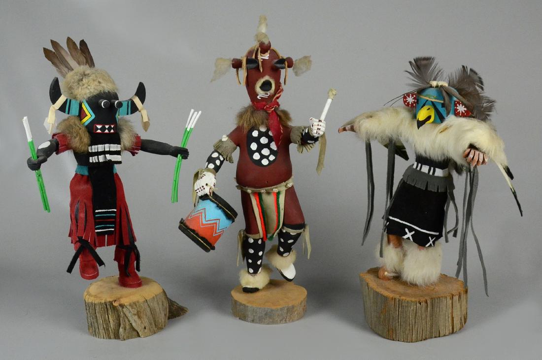 3 Native American Hopi Kachinas, Northern Arizona: 3 Native American Hopi Kachinas, Northern Arizona art. First is a Whipper kachina signed 'Shorty.' Second is an Eagle kachina signed 'Cindy'. Third is a Mudhead Clown kachina signed Shirley Nelson. Al