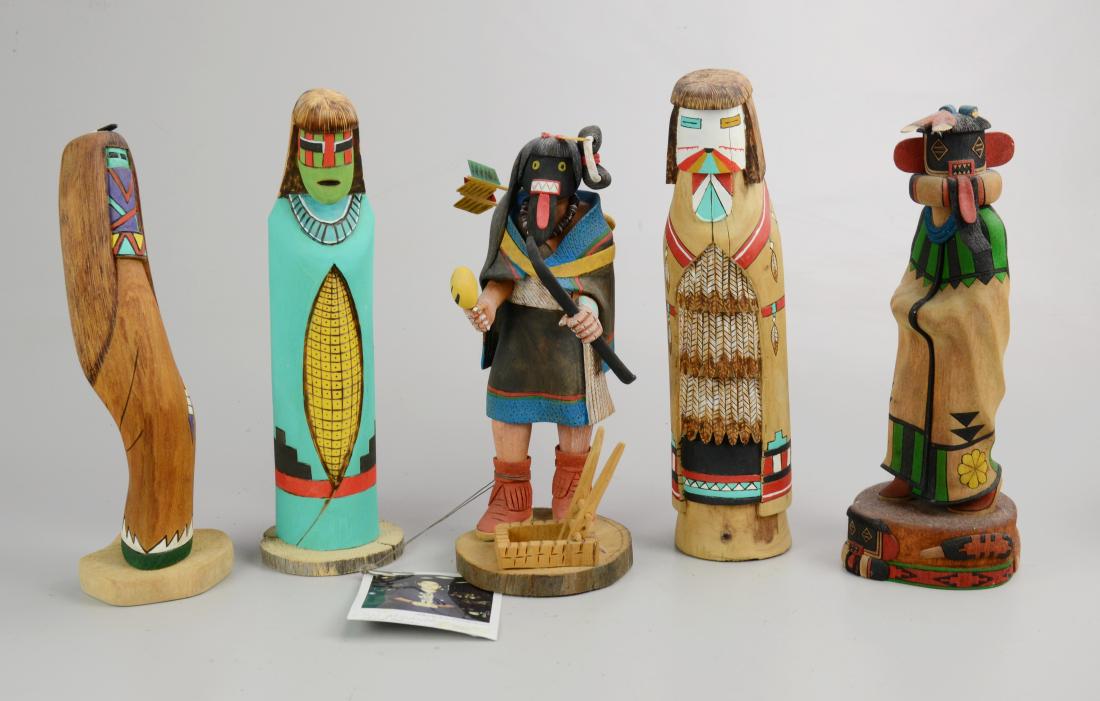 5 Signed Hopi Native American Kachina Dolls: 5 Signed Hopi Native American Kachina Dolls. First titled 'Shalako' signed 'E. Chee.' Second titled 'Shield Maiden' signed 'J.R Tsinnijinnie, 99.' Third titled 'Corn Maiden' signed 'AC'. Fourth titled