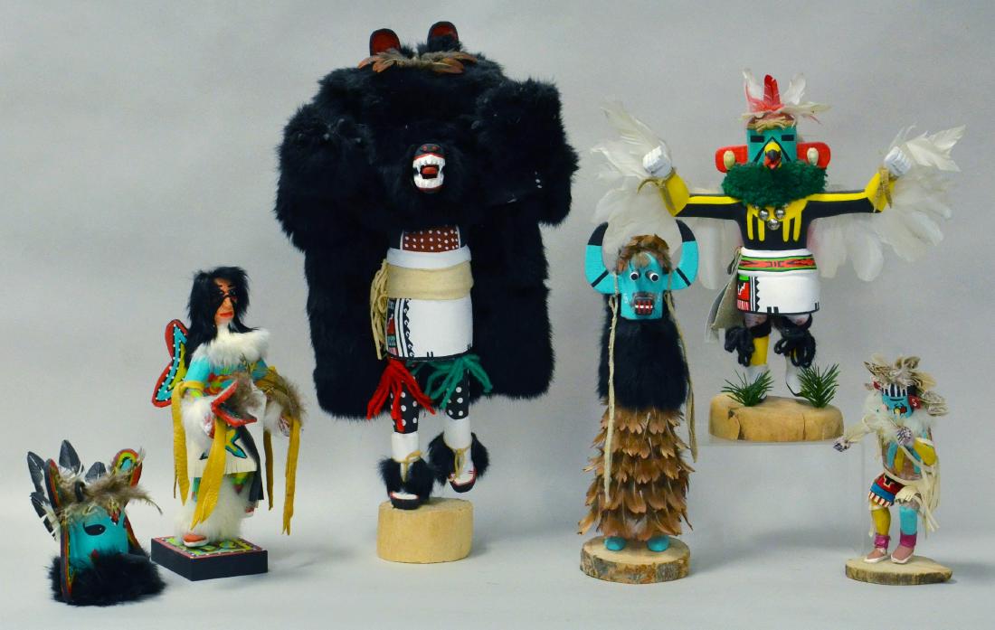 5 Signed Hopi Native American Kachina Dolls: 5 Signed Hopi Native American Kachina Dolls. First titled 'Black Bear Kachina' signed 'Raphael Sarracino.' Known to his friends as Silent Warrior, Sarracino has won countless awards including outstand