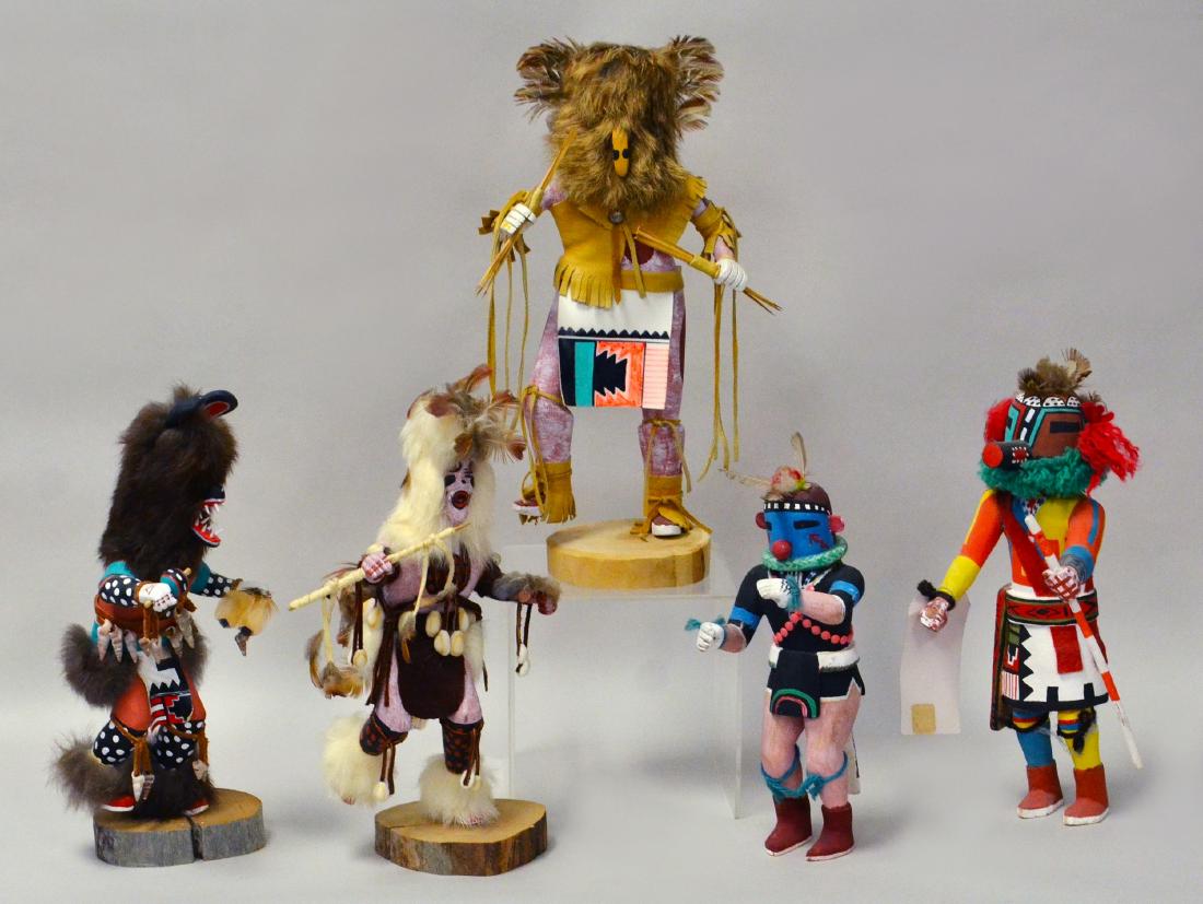 5 Hopi Native American Kachina Dolls: 5 Hopi Native American Kachina Dolls. First titled 'Owl' signed 'T. Whyte.' Second titled 'Black Bear' signed 'S. Nelson'. Third titled 'Spear Dancer' signed 'S. Nelson.' Fourth unmarked, tag reading 