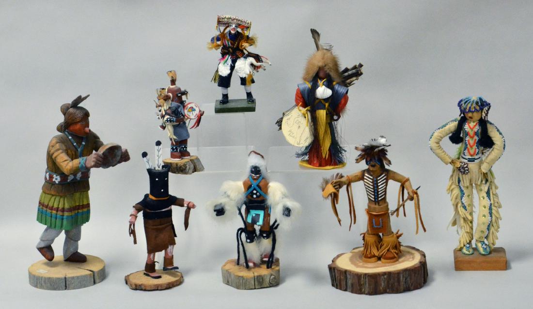 8 Native / South American Kachina Dolls: 8 Native / South American Kachina Dolls, varying styles. First titled 'Navajo Maid' signed 'Yaz.' Second titled 'Wolf' signed 'G. Beyal.' Third titled 'Shadow Warrior,' Hopi style doll not a kachina, 
