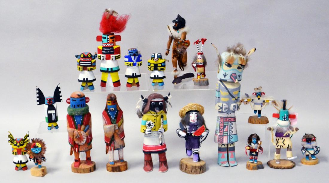 18 Hopi Native American Kachina dolls & miniatures: 18 Hopi Native American Kachina dolls & miniatures, including Morning Singer, Clown, Eagle, Sunface, God Mother, Guard, Owl, Hunter, Star Head, Buffalo Kachina signed 'Larry David,' Summer Hunter sign