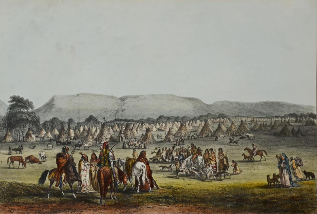 [McKenney & Hall] Hand-colored lithograph, Encampment: [McKenney and Hall] Hand-colored lithograph on paper, "Encampment of Piekann Indians, Near Fort McKenzie", Philadelphia: Daniel Rice & James G. Clark, 1842, From the book "History of the Indian Tribes