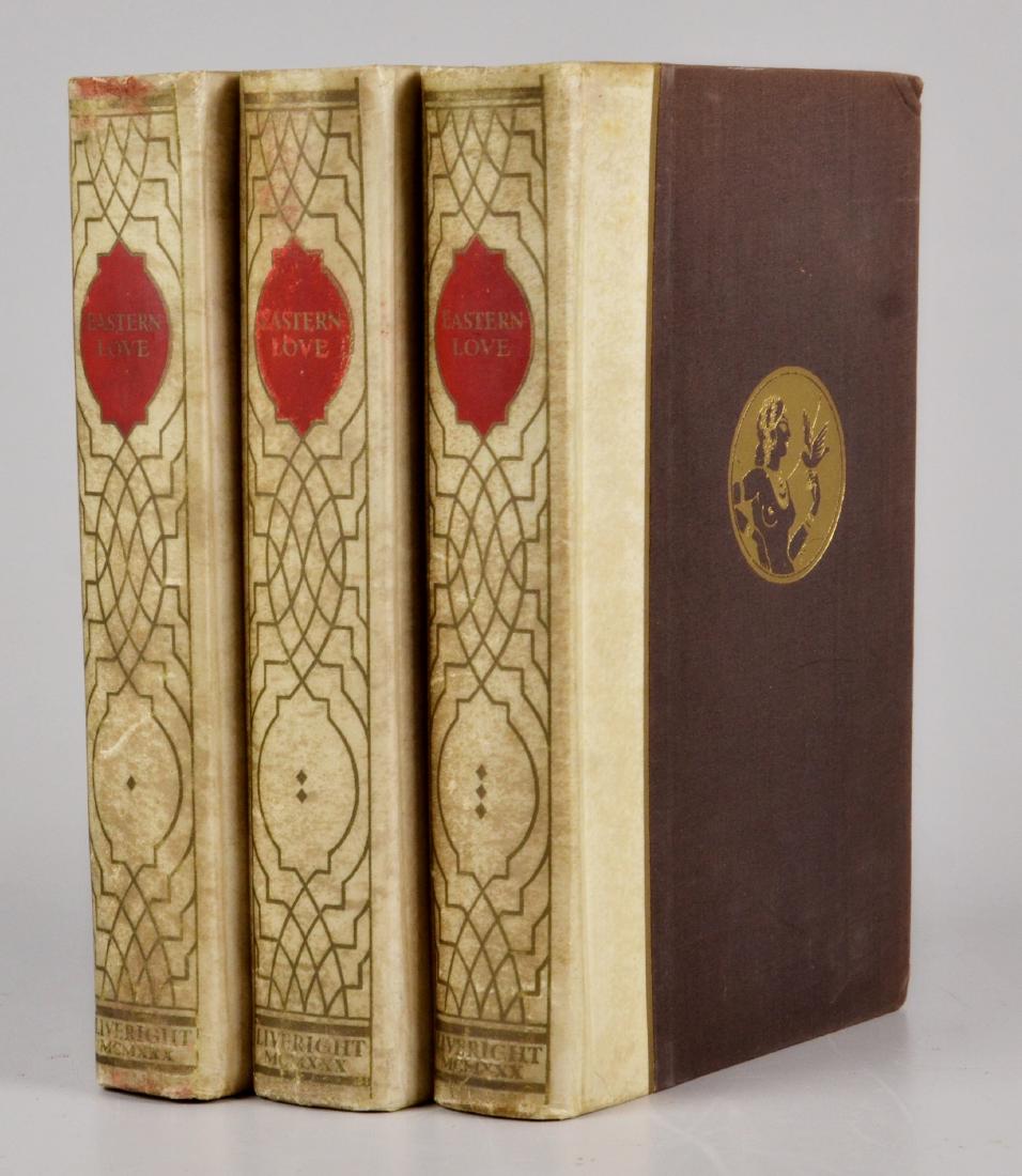 [Erotica] Mathers, E. Powys, "Eastern Love": [Erotica] Mathers, E. Powys, "Eastern Love" (New York: Horace Liverwright 1930) [3 vols]; original gilt and painted vellum-backed gilt brown cloth; Mathers's translations of Oriental folk tales, inclu