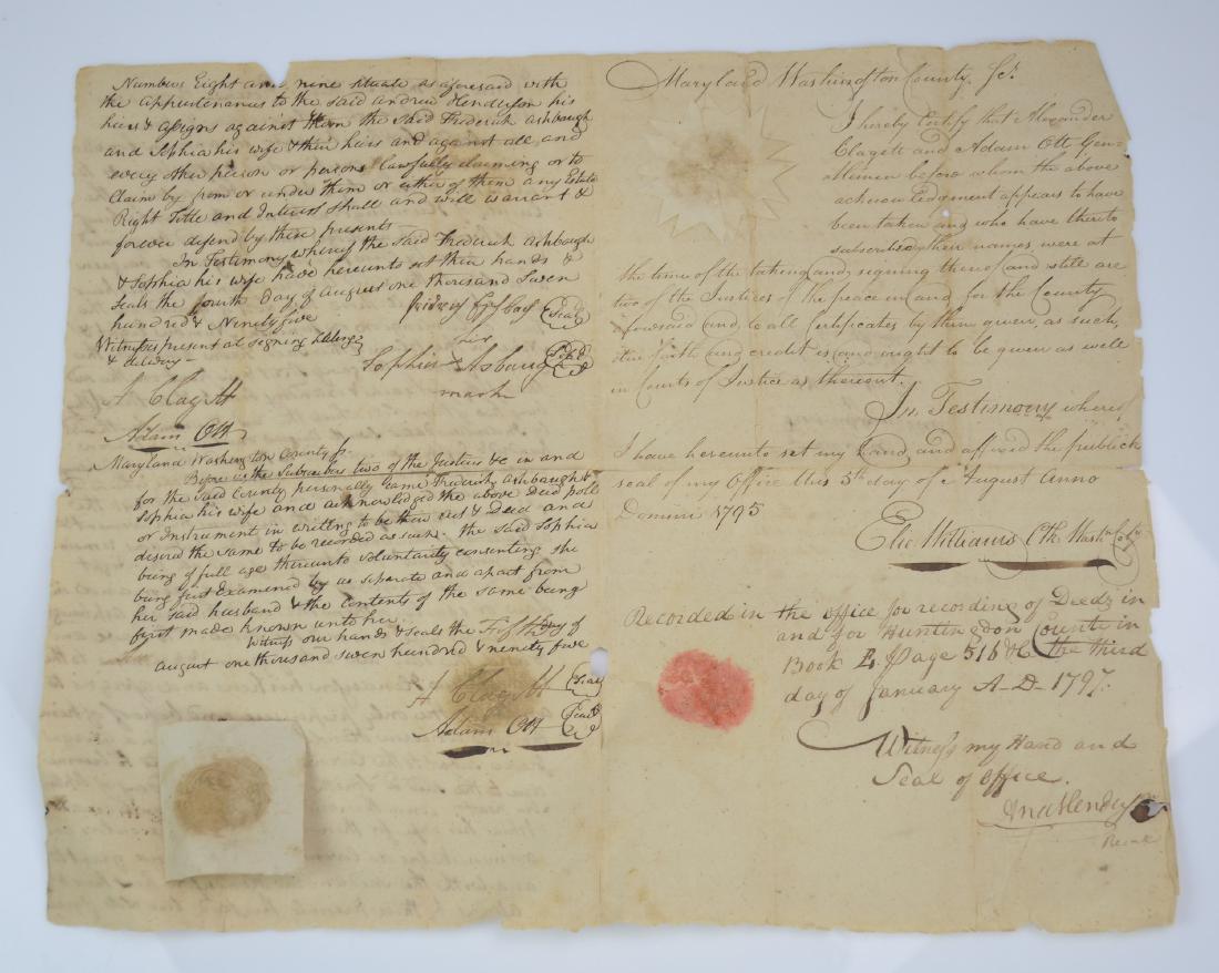 Deed of land exchange dated 1795 between Andrew: Manuscript deed of land exchange dated 1795 between Andrew Henderson and Frederick Ashbaugh, witnessed by Alexander Clagett and Adam Ott, for two lots in Hagerstown, Maryland, seals intact, very good