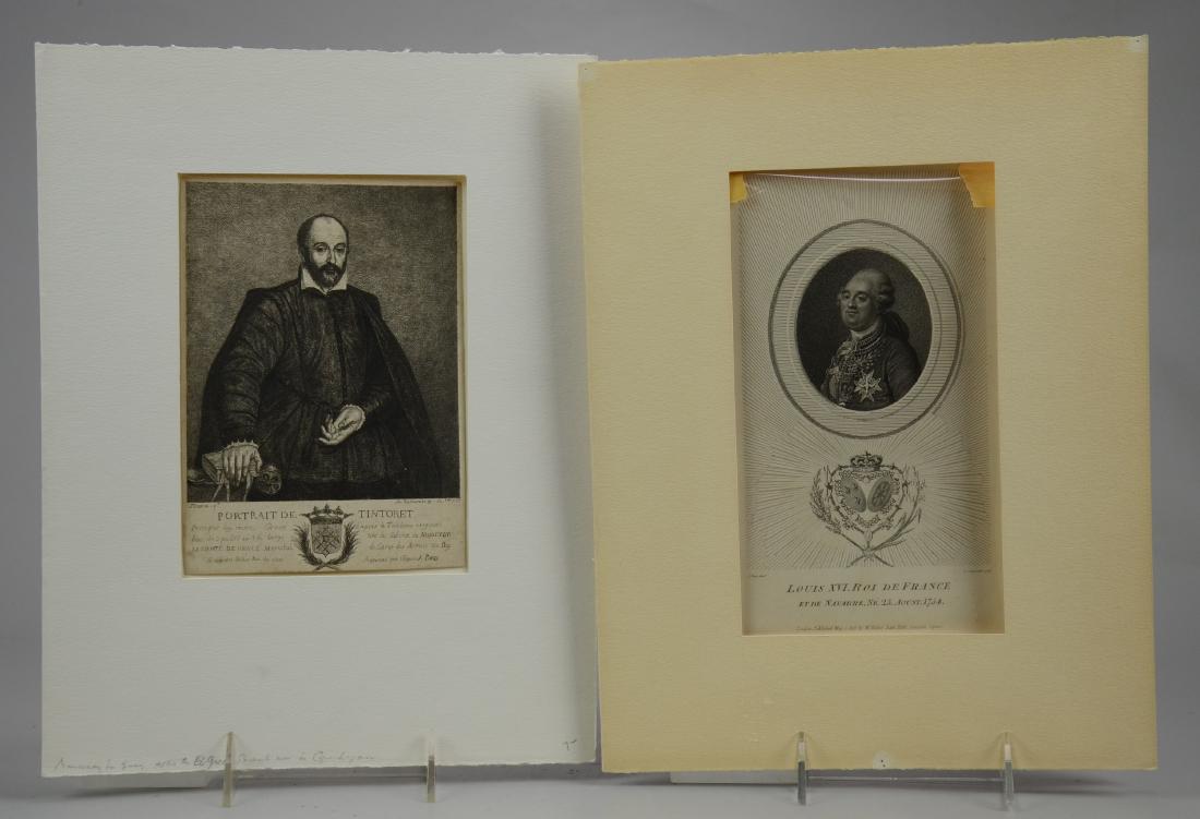 (2) Antiquarian etched portraits on paper: (2) Antiquarian etched portraits on paper, c/o "Louis XVI, Roi de France" by L. Boze, 1805, and "Portrait de Tintoret [Tintoretto]", self portrait copied by A. de Marcenay", 1755, largest 7-1/4"