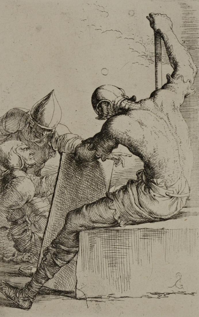 Salvator Rosa, etching on paper "Three Soldiers": Salvator Rosa (Italian, 1615-1673), etching on paper "A Soldier Seen from Behind, Cutting on a Stone", 5-5/8" x 3-5/8" pl, 10" x 6-5/8" sheet, very good condition