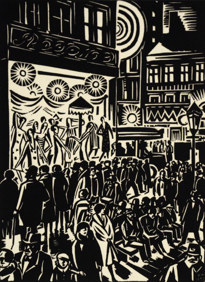 Franz Masereel, woodcut on paper of a busy city street: Franz Masereel (Flemish, 1889-1972), woodcut on paper of a busy city street, pencil signed, ed 46/100, 6-7/16 x 4-11/16" image, 11-1/4" x 9" sheet, very good condition