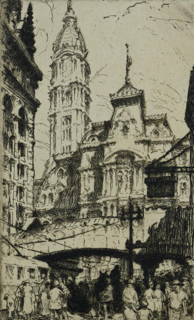 Frederick Robbins, drypoint etching of Philadelphia: Frederick Robbins (American, 1893-1974), drypoint etching on paper "15th and Market Streets, Philadelphia", pencil signed, 7" x 4-3/8" pl, 9" x 5-1/2" sheet, very good condition