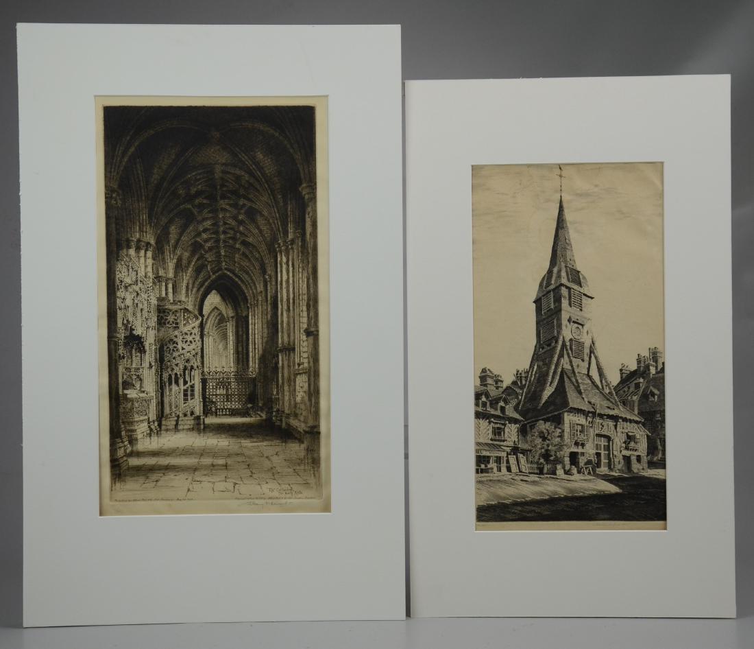 (2) Architectural etchings on paper: (2) Architectural etchings on paper, c/o John Taylor Arms (American, 1887-1953), etching of an old French church, pencil signed, dated 1932, ed 2/100, good condition with mat burn and light dampstain,