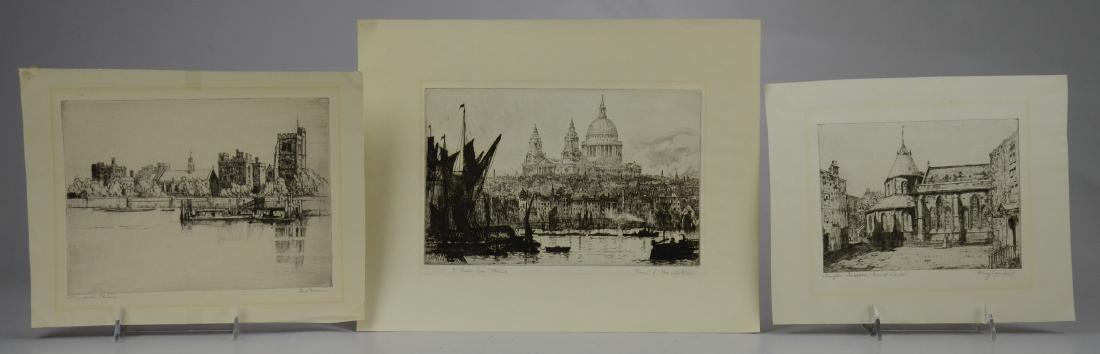 (3) 20th cent architectural etchings on paper: (3) 20th cent architectural etchings on paper, c/o "Lambeth Palace", illegibly pencil signed, Henry Lambert (English, b. 1891) "Templar (Crusader's) Church, London", pencil signed, and Ernest L. Hamps