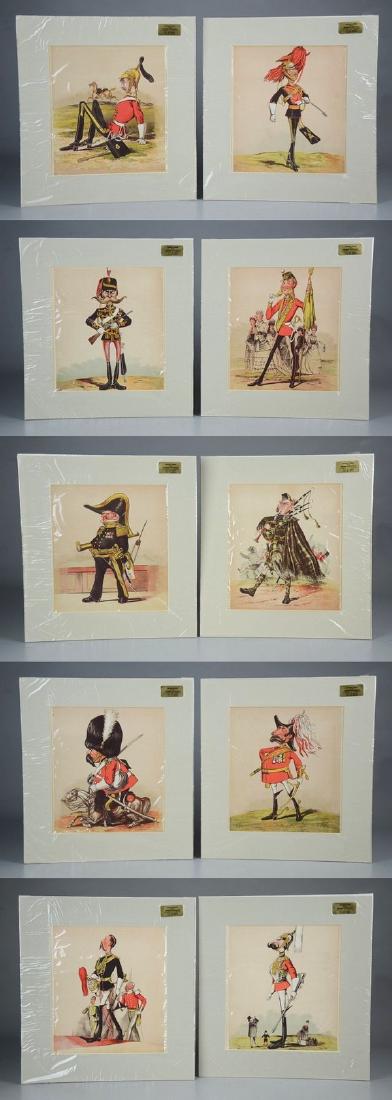 10 chromoliths, T.S. Seccombe's Army & Navy Drolleries: (10) chromolithographs from T.S. Seccombe's "Army and Navy Drolleries", (London, Frederick Warne & Co 1875); each depicts a satirized soldier with a comical poem printed on the verso, very good condit