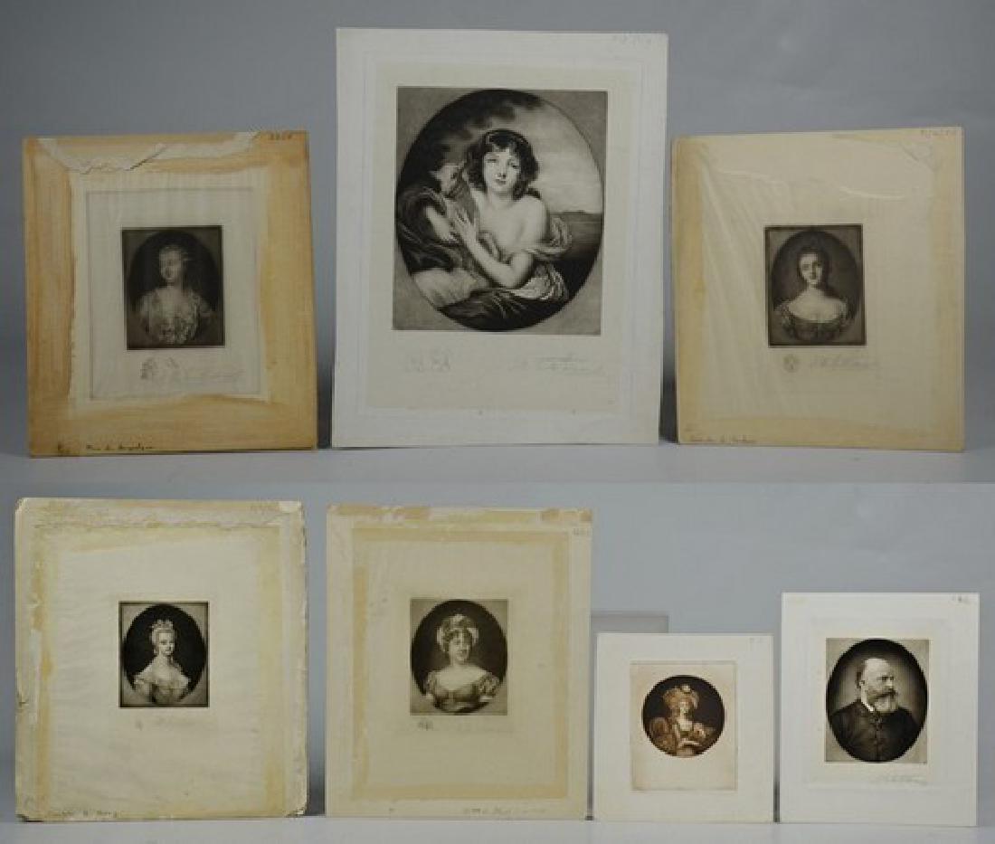Samuel A. Edwards, 8 mezzotint prints on tissue paper: Samuel Arlent Edwards (English, 1860-1938), (8) mezzotint prints on tissue paper, all pencil signed, seven are portraits and one is a pastoral vignette of a young girl with a goat, each mounted on car