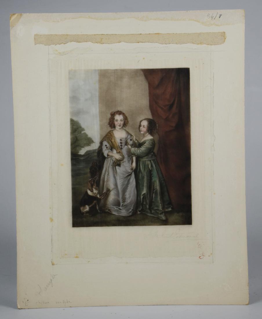 Samuel Arlent Edwards, mezzotint on paper of two girls: Samuel Arlent Edwards (English, 1860-1938), color mezzotint on paper of two young girls with a dog, pencil signed, mounted on stiff card board, 9-1/8" x 7" image, 17" x 13-3/8" overall, good condition