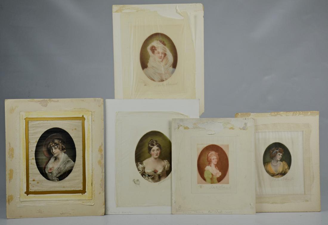 Samuel A. Edwards, 5 mezzotint portraits on tissue: Samuel Arlent Edwards (English, 1862-1938), (5) color mezzotint portraits on tissue paper, (4) pencil signed, each mounted on a mat, largest 11" x 9", fair condition