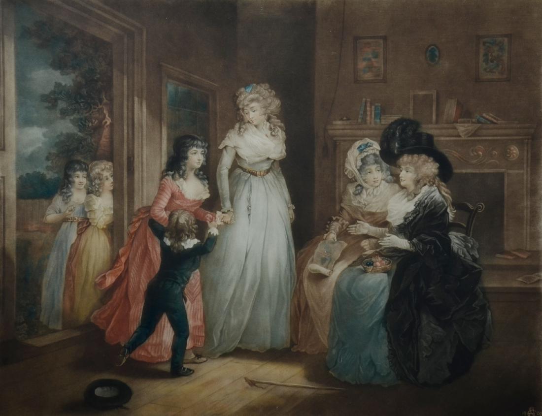 Samuel Arlent Edwards, mezzotint, Visit to Boarding: Samuel Arlent Edwards (English, 1862-1938), color mezzotint on paper "A Visit to the Boarding School", pencil signed, ed 175, after original painting by George Morland, 17-1/2" x 21-1/2" pl, good cond