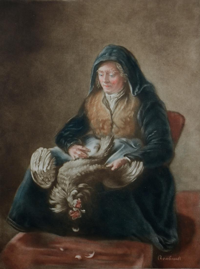 Samuel Arlent Edwards, mezzotint, "Rembrandt's Mother": Samuel Arlent Edwards (English, 1862-1938), color mezzotint on paper "Rembrandt's Mother", pencil signed and inscribed, ed 135, after original attributed to Rembrandt, 16" x 12", very good condition