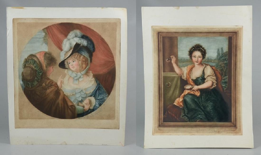 Samuel Arlent Edwards, 2 mezzotint portraits on paper: Samuel Arlent Edwards (English, 1862-1938), (2) color mezzotints on paper, both pencil signed and inscribed, c/o "Girl Blowing Soap Bubbles", 17" x 13-3/4" pl, after original by Pierre Mignard, very g