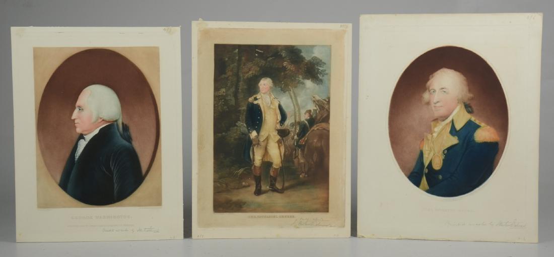 Samuel Arlent Edwards, 3 mezzotints of American heroes: Samuel Arlent Edwards (English, 1862-1938), (3) color mezzotint portraits of American heroes, c/o Gen. Horatio Gates, Gen. Nathaniel Greene, and George Washington, all pencil signed and inscribed, eac