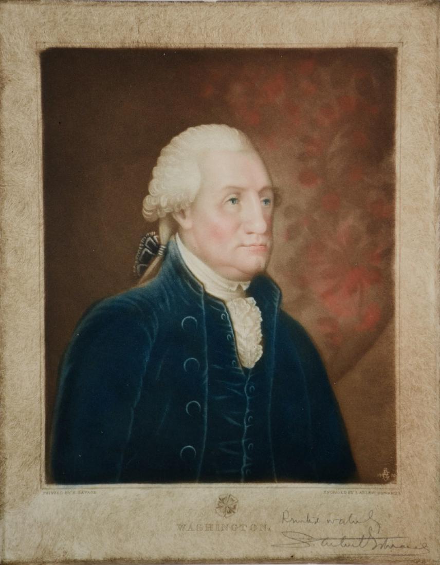 Samuel Arlent Edwards, mezzotint of George Washington: Samuel Arlent Edwards (English, 1862-1938), color mezzotint portrait of George Washington, pencil signed and inscribed, 13" x 10-1/4" pl, excellent condition
