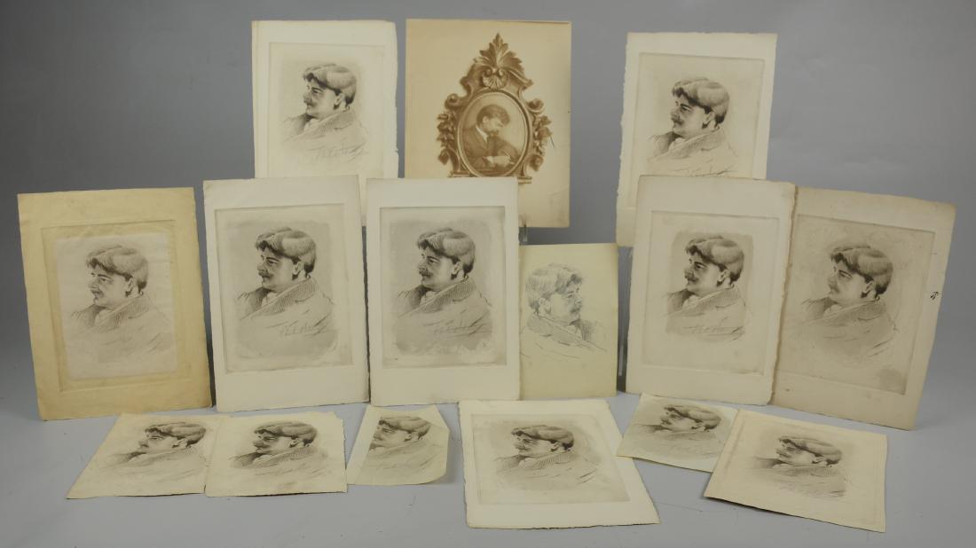 Samuel Arlent Edwards, graphite self portrait study: Samuel Arlent Edwards (English, 1862-1938), graphite self portrait study and drypoint etched self portrait collection, c/o sketch model for drypoint plate, (16) proof strikes, and photographic print, 