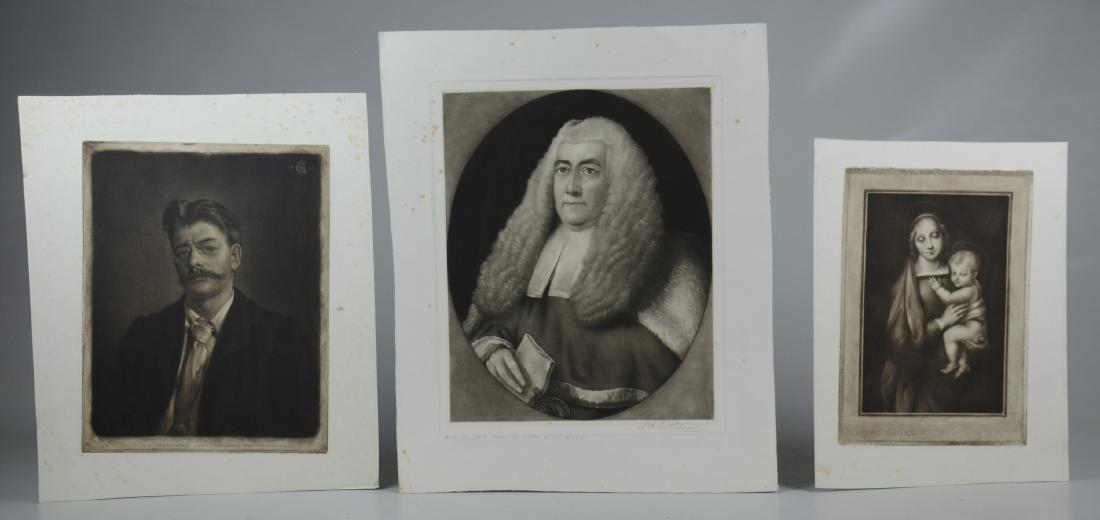 Samuel Arlent Edwards, (3) mezzotint prints on paper: Samuel Arlent Edwards (English, 1862-1938), (3) mezzotint prints on paper, c/o "Madonna and Child", a portrait of the artist, and a judge, two pencil signed, largest 18" x 11-1/4" pl, good condition, 