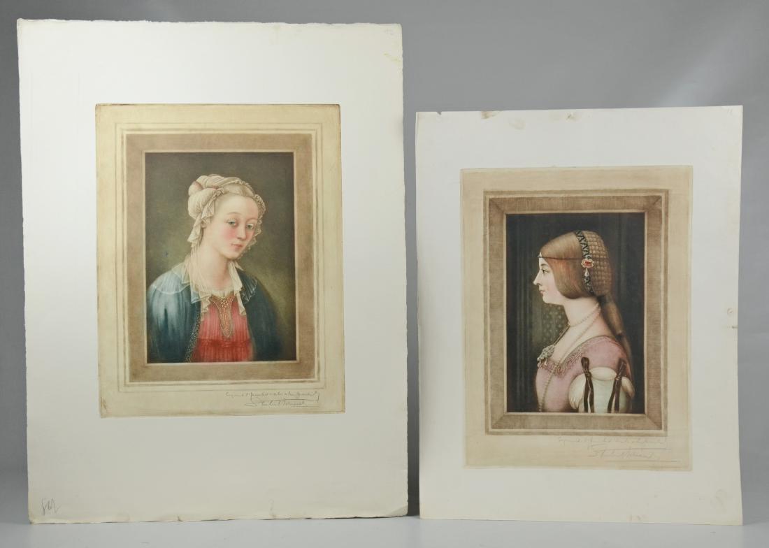 Samuel Arlent Edwards, (2) color mezzotint portraits: Samuel Arlent Edwards (English, 1862-1938), (2) color mezzotint portraits of women on paper, inc "Bianca Maria Sforza" and one other, both pencil signed and inscribed, both 16" x 12" pl, excellent con