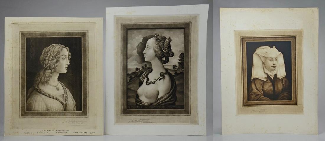 Samuel Arlent Edwards, (3) mezzotint portraits on paper: Samuel Arlent Edwards (English, 1862-1938), (3) mezzotint portraits on paper, c/o "Lucrezia Tornabuoni", "Simonetta Vespucci", and "Portrait of a Woman", all pencil signed, largest 15" x 12" pl,