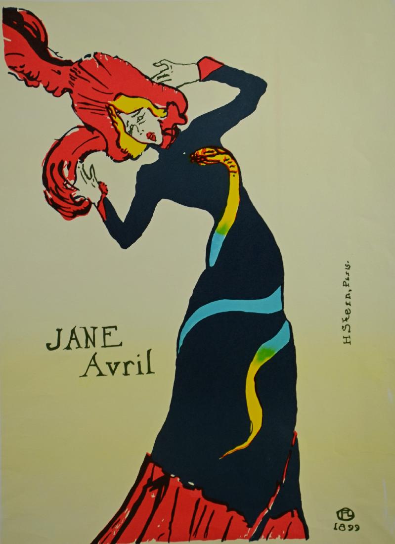 after Henri de Toulouse-Lautrec, chromolithograph: after Henri de Toulouse-Lautrec (French, 1864-1901), chromolithograph poster on paper "Jane Avril", signed in plate, artist's proof (AP), 26" x 20", excellent condition