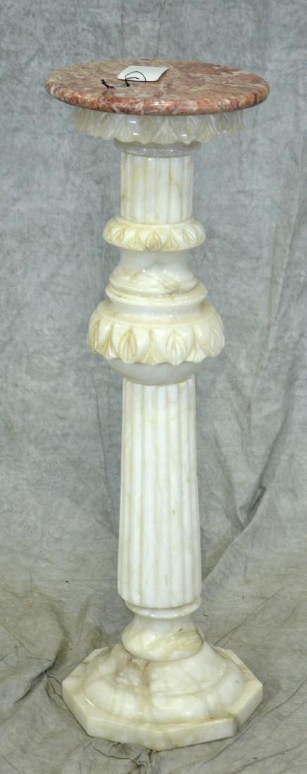 Alabaster pedestal: Alabaster pedestal, pink round marble top, alabaster base with leaf decoration and reeded columns, 37" h x 12" dia