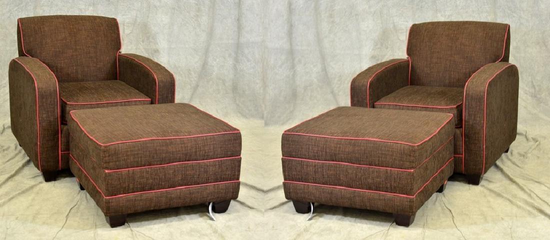 Pair Modern Design lounge chairs w/ ottomans: Pair Modern Design lounge chairs w/ ottomans, brown upholstered with red piping, marked Custom Contract Furnishings, 33" h x 31-1/2" w x 33" d, one chair with small damage to upholstery