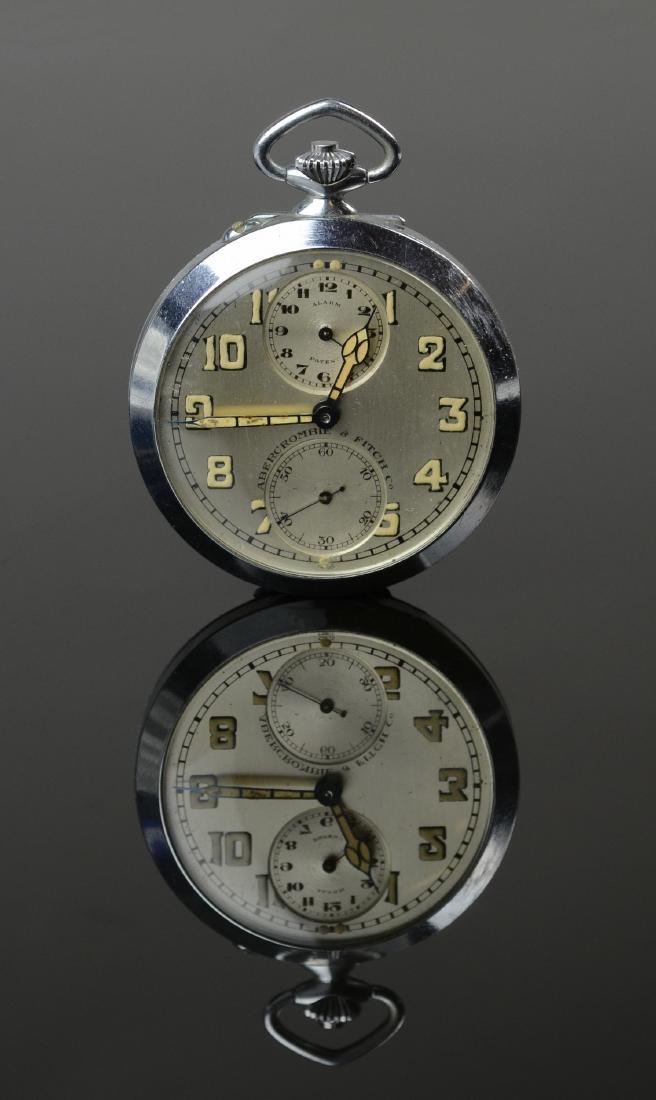 Abercrombie & Fitch Travel Alarm Pocket Watch: Abercrombie & Fitch Travel Alarm Pocket Watch, movement by Concord, Swiss, 44 mm, nickel silver case, original Silvered dial, luminous Arabic numerals, blued steel luminous hands, crisp "as new" condi