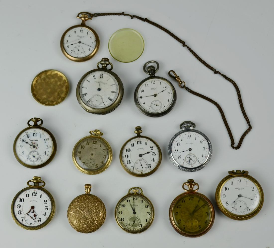 (11) OF Pocket Watches: (11) OF pocket watches, not running, (3) Waltham, (2) Hamilton, (2) Illinois, Perfection, Swiss Obelisk, Elgin, Standard, empty GF hunt case, all need work