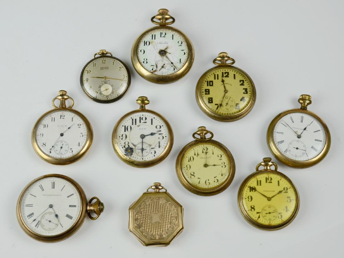 (10) OF YGF Pocket Watches: (10) OF YGF pocket watches, as is, Hamilton, (2) Elgin, Gruen Ver-Thin; Standard; Von Guntens Keystone; Keystone; Standard; Illinois; New Era