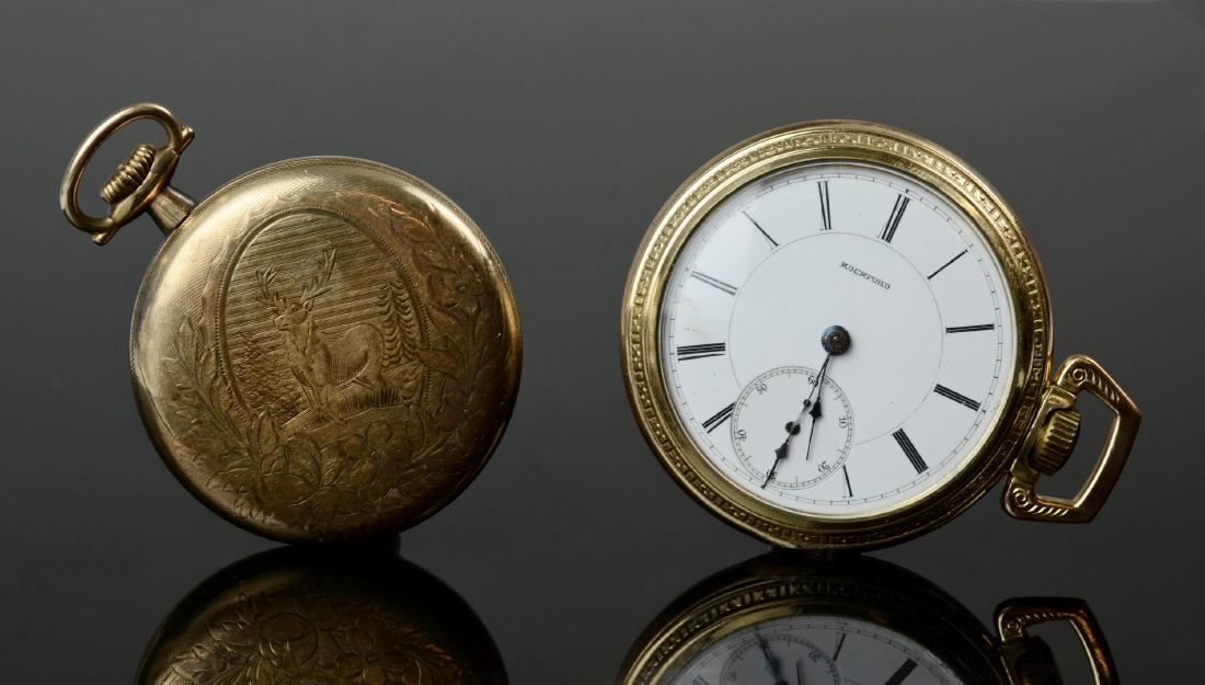 (2) YGF OF Pocket Watches: (2) YGF OF pocket watches; 18S Rockford, Model 3, Grade 4, 15j, SN 221381; trying to run; Hamilton 16S Model 2 978, SN 1133186, stag engraved on back cover, triple sundial, wound tight