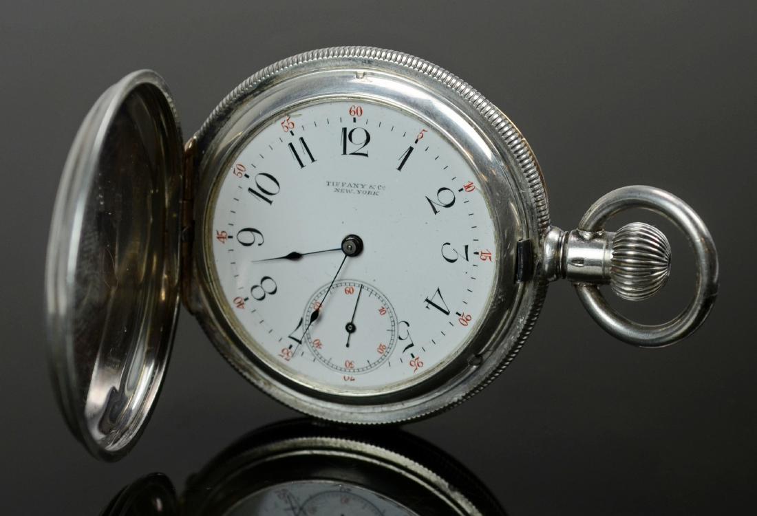 Tiffany & Co 935 Sterling HC Pocket Watch: Tiffany & Co 935 sterling silver HC pocket watch, 39 mm movement, movement, case, and dial all signed Tiffany & Co, New York, not running, lacking crystal