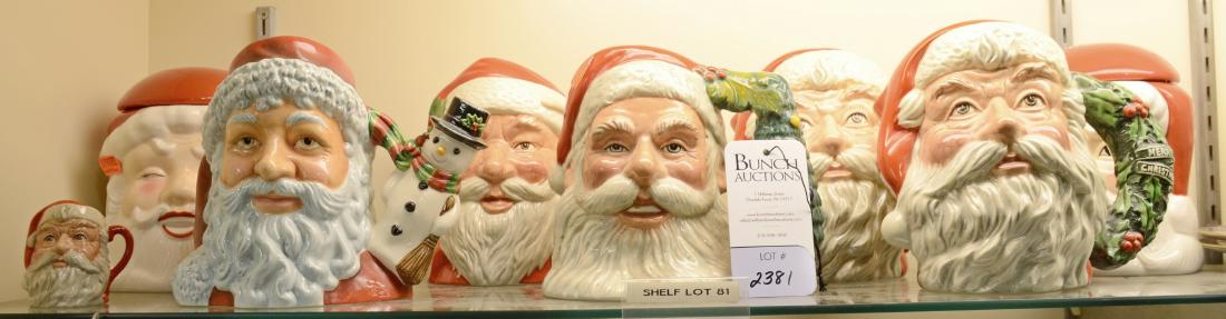 Shelf #81 - Santa Toby Jugs & Cookie Jars: Shelf #81 - Santa Claus busts, c/o (2) Vermont Country Store cookie jars, (4) Royal Doulton Toby jugs (D6668, D6704, D6706, D6794), (2) Royal Doulton limited edition Toby jugs (D7123 (563/1500), D7238