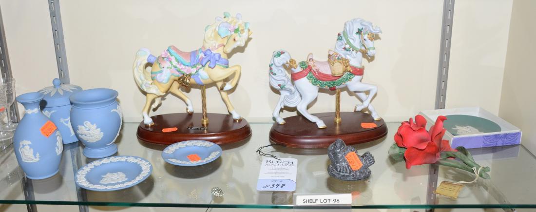 Shelf #98 - Porcelain, Lenox, Wedgwood, Capodimonte: Shelf #98 - Porcelain, c/o (2) Lenox carousel horses, Capodimonte red rose, Wedgwood white on green cup plate, (5) pcs Wedgwood white on blue Jasperware, Wolf Sculptures seal figurine