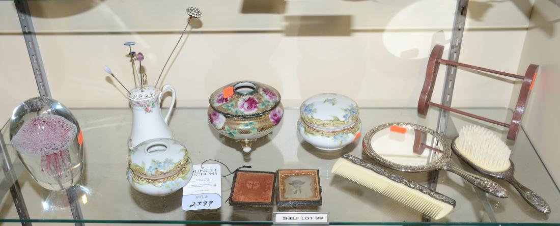 Shelf #99 - Dresser Items: Shelf #99 - Dresser items, including 3-pc silver plate dresser set, Nippon hair receiver & powder box, Nippon footed hair receiver, Nippon hat pin holder & (5 hatpins), daguerreotype, jellyfish paperw